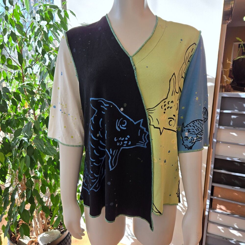 STALEY GRETZINGER JG's Mad LAB KOI Hand-Painted Asian Art Fish Shirt Top M Artsy
